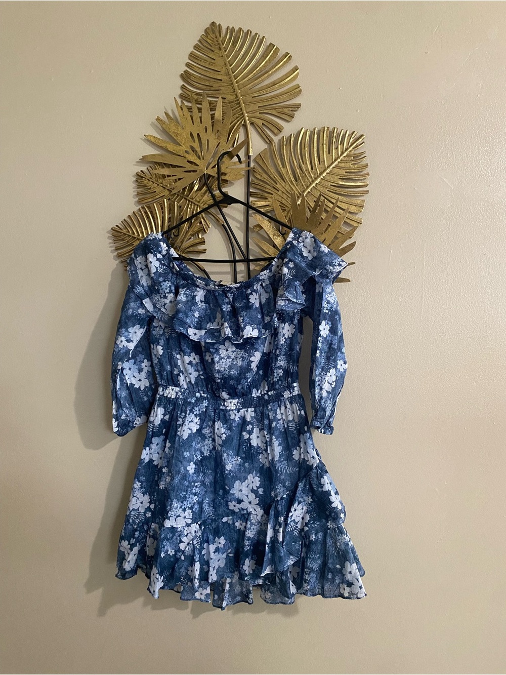 MICHAEL Michael Kors Blue and White Floral Off-Shoulder Mini Dress